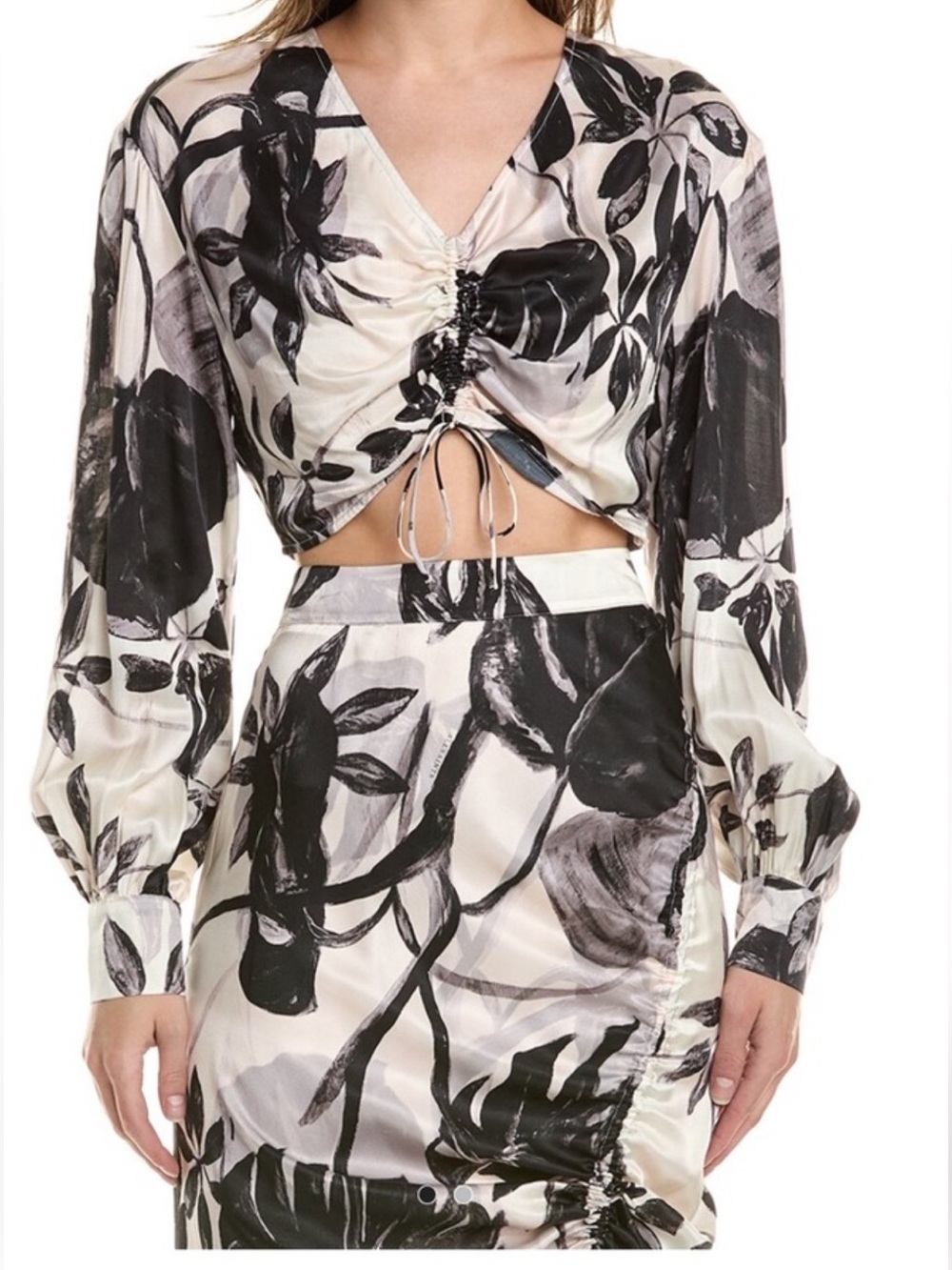All Saints Ivory and Black silk Drawstring Ruched Floral Crop Top